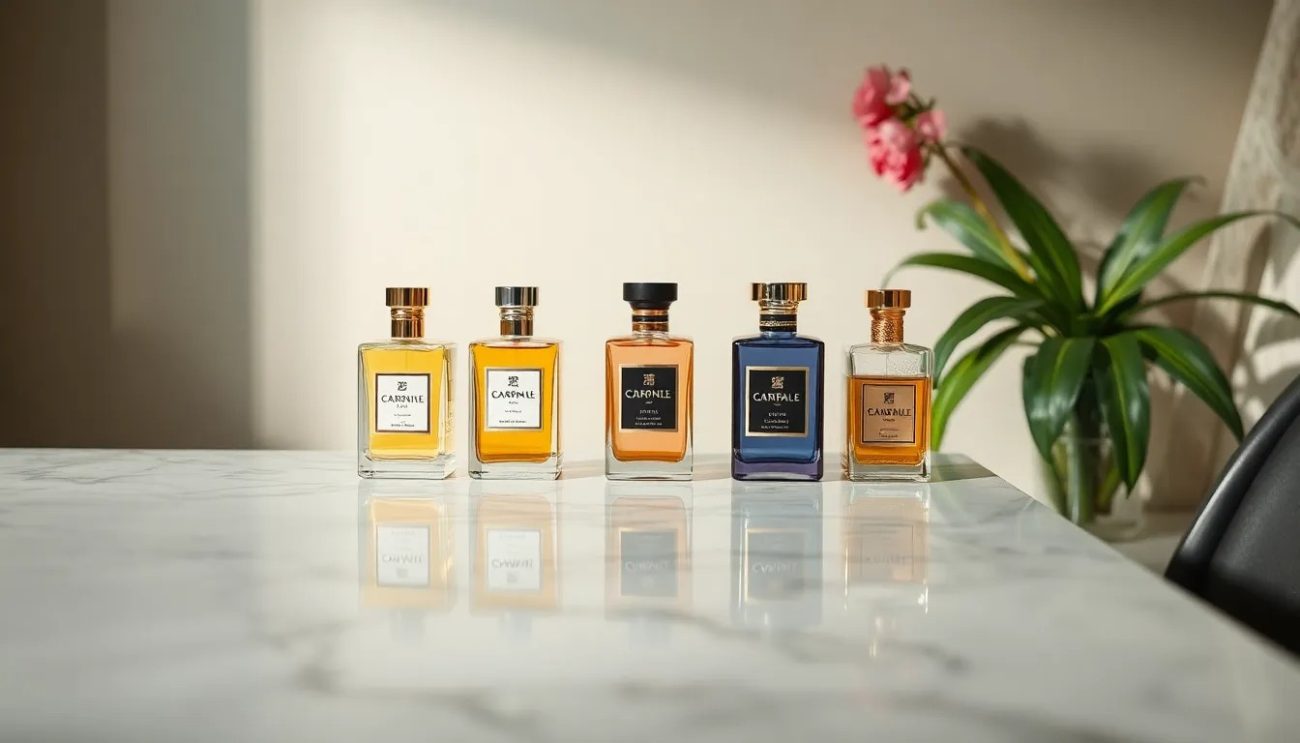 Table with bottles of fragances on it